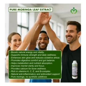 Pure Moringa Leaf Extract boosts energy, supports immunity, enhances skincare, and promotes gut and metabolic wellness with powerful vitamins, minerals, and antioxidants.