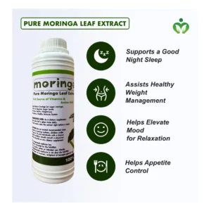 Pure Moringa Leaf Extract boosts energy, supports immunity, enhances skincare, and promotes gut and metabolic wellness with powerful vitamins, minerals, and antioxidants.