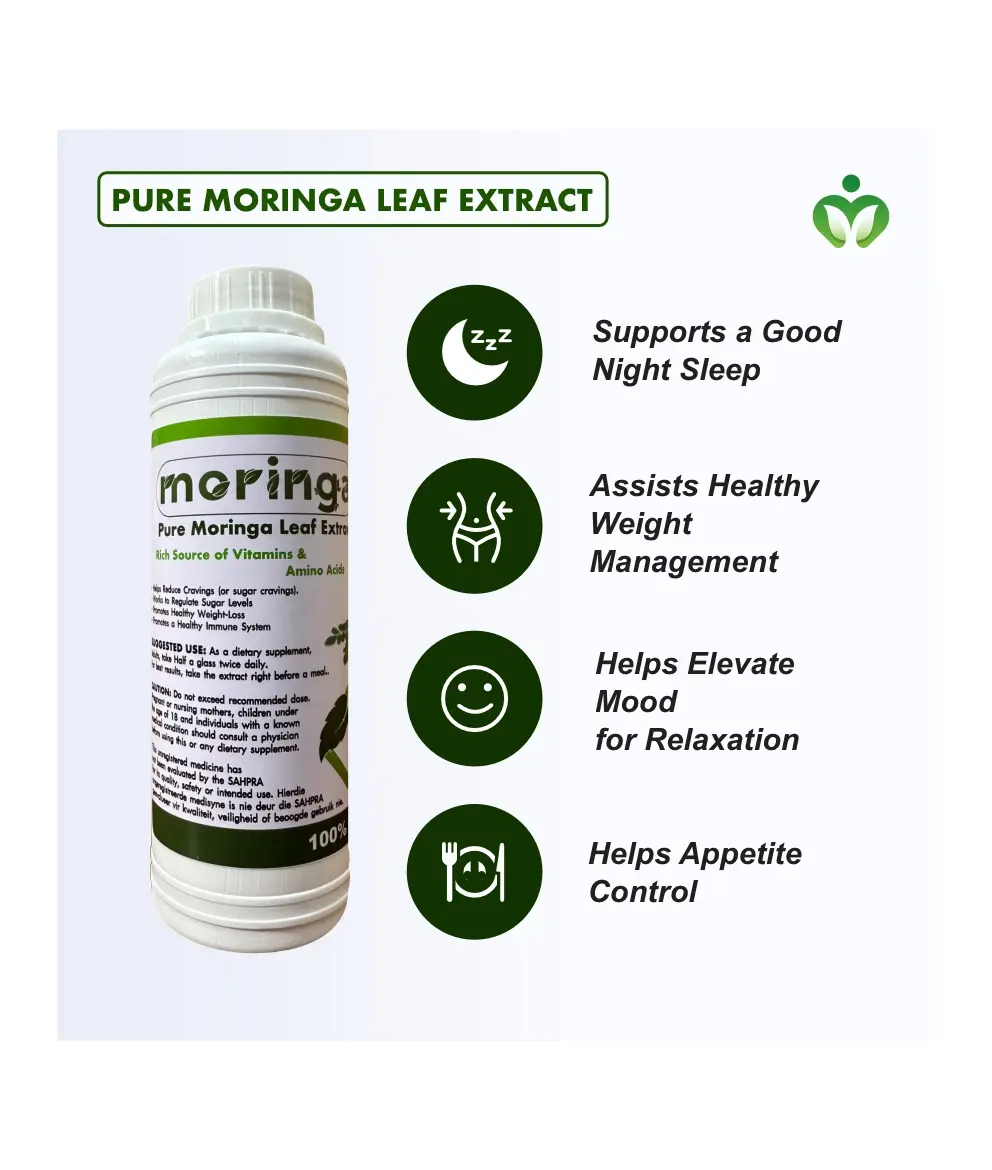 Pure Moringa Leaf Extract Pure Moringa Leaf Extract boosts energy, supports immunity, enhances skincare, and promotes gut and metabolic wellness with powerful vitamins, minerals, and antioxidants.