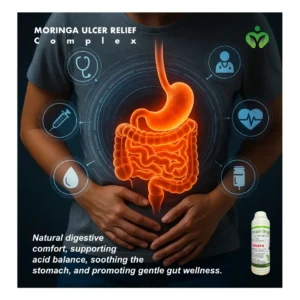 Moringa Ulcer Relief Complex offers natural digestive comfort, supporting acid balance, soothing the stomach, and promoting gentle gut wellness.