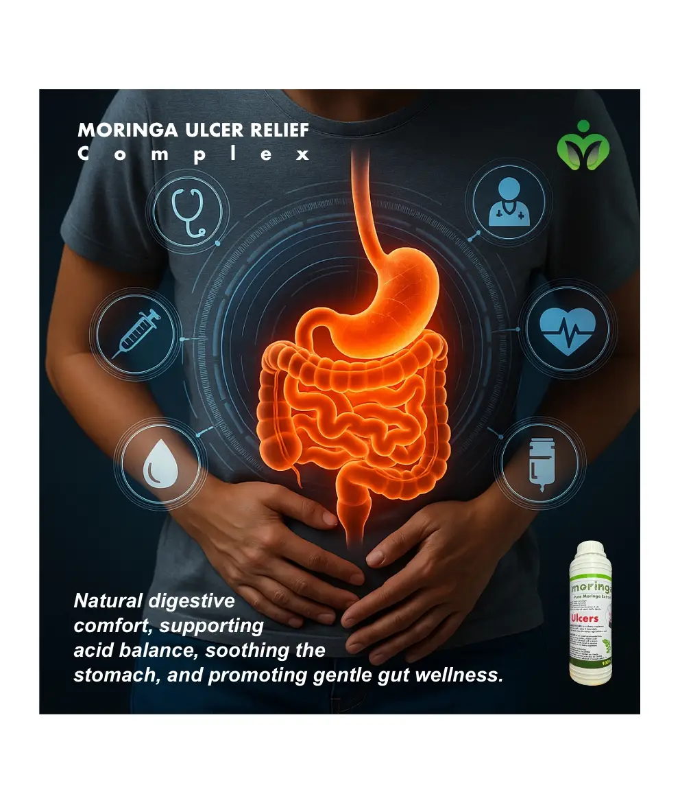 Moringa Ulcer Relief Complex Moringa Ulcer Relief Complex offers natural digestive comfort, supporting acid balance, soothing the stomach, and promoting gentle gut wellness.