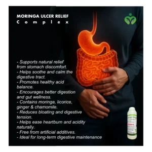 Moringa Ulcer Relief Complex offers natural digestive comfort, supporting acid balance, soothing the stomach, and promoting gentle gut wellness.