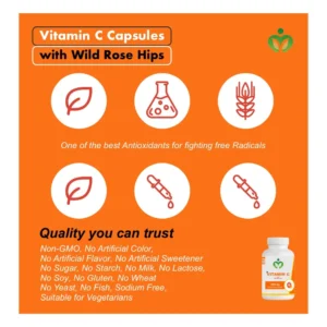 Vitamin C with Rose Hips Capsules - Extra-Strength Immune, Skin Health Support, Antioxidant Support and Daily Wellness.