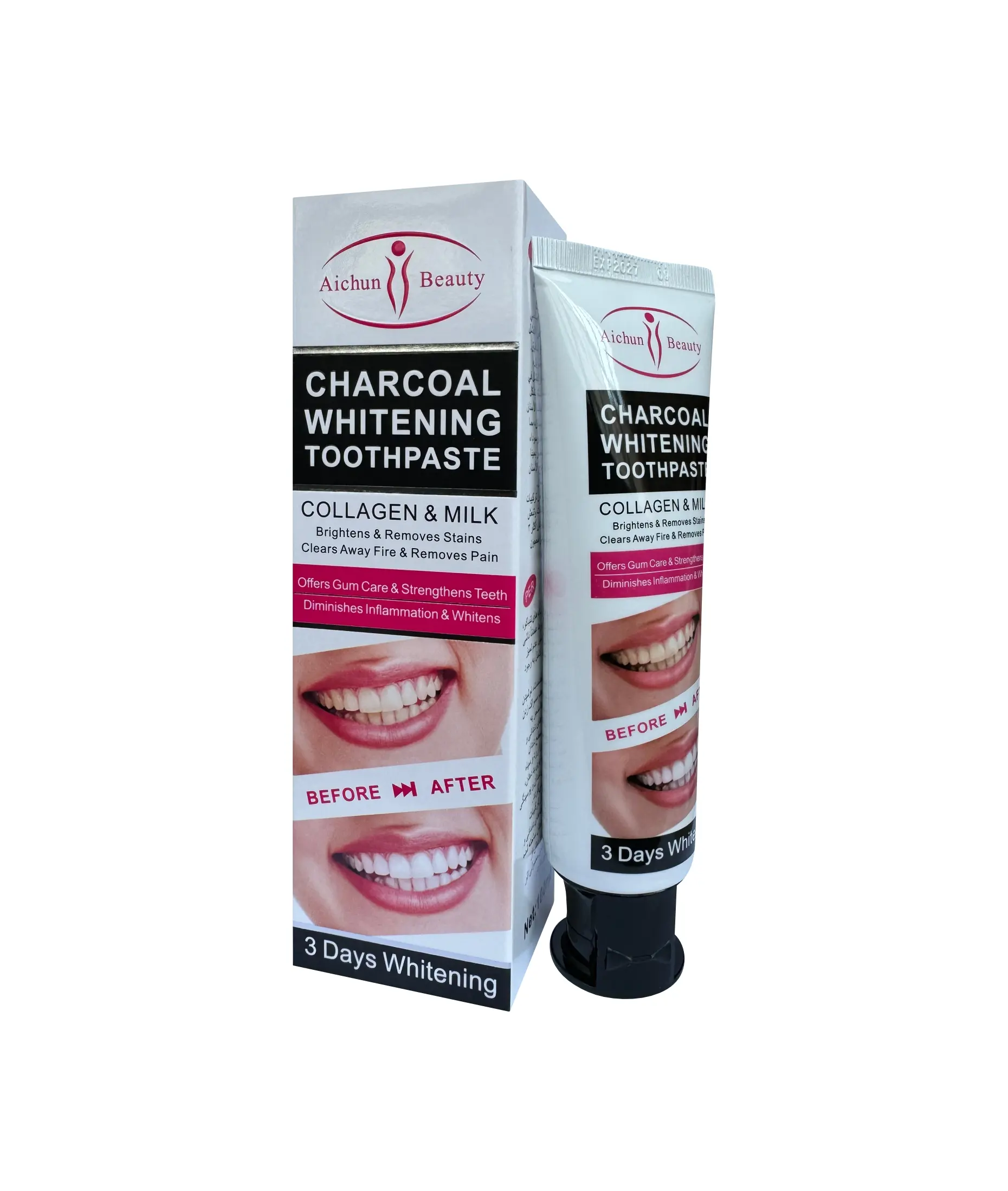 Charcoal Whitening Toothpaste, Collagen and Milk Flavor, Brightens Teeth, Removes Stains, Natural Whitening 