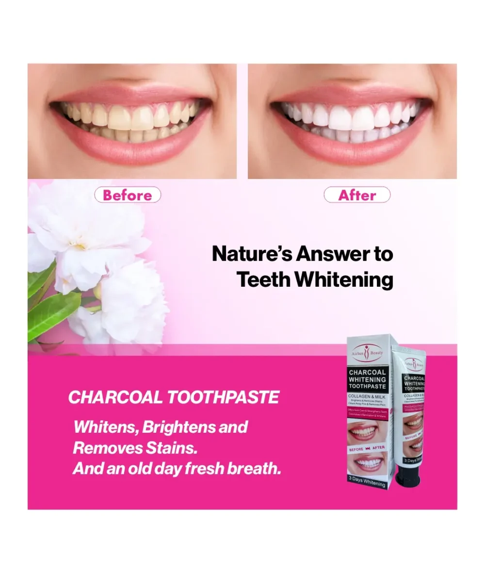 Charcoal Whitening Toothpaste, Collagen and Milk Flavor, Brightens Teeth, Removes Stains, Natural Whitening 