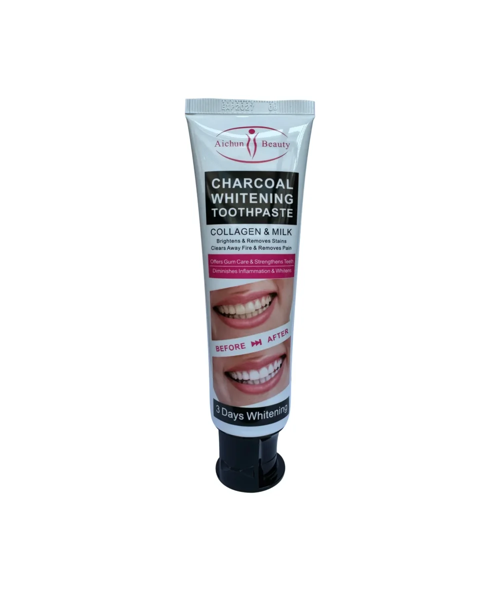 Charcoal Whitening Toothpaste, Collagen and Milk Flavor, Brightens Teeth, Removes Stains, Natural Whitening 