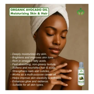 Organic Avocado Oil hydrates, brightens, and nourishes skin, hair, and nails with fast-absorbing omega-3 moisture. Ideal for face, body, and all skin types.