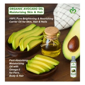 Organic Avocado Oil hydrates, brightens, and nourishes skin, hair, and nails with fast-absorbing omega-3 moisture. Ideal for face, body, and all skin types.