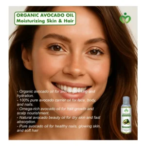 Organic Avocado Oil hydrates, brightens, and nourishes skin, hair, and nails with fast-absorbing omega-3 moisture. Ideal for face, body, and all skin types.
